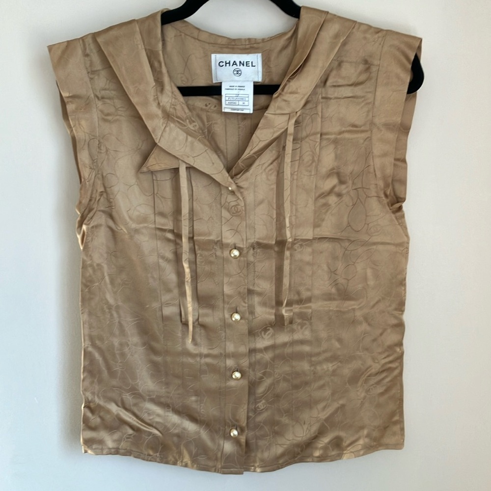 Vintage CHANEL Sleeveless Silk Button Down Shirt with Hood